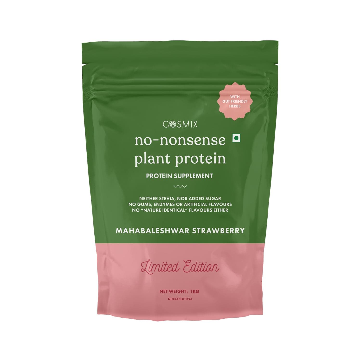 Cosmix No-Nonsense Plant Protein | 23 Protein/Serve, 1Kg Pouch | Mahabaleshwar Strawberry